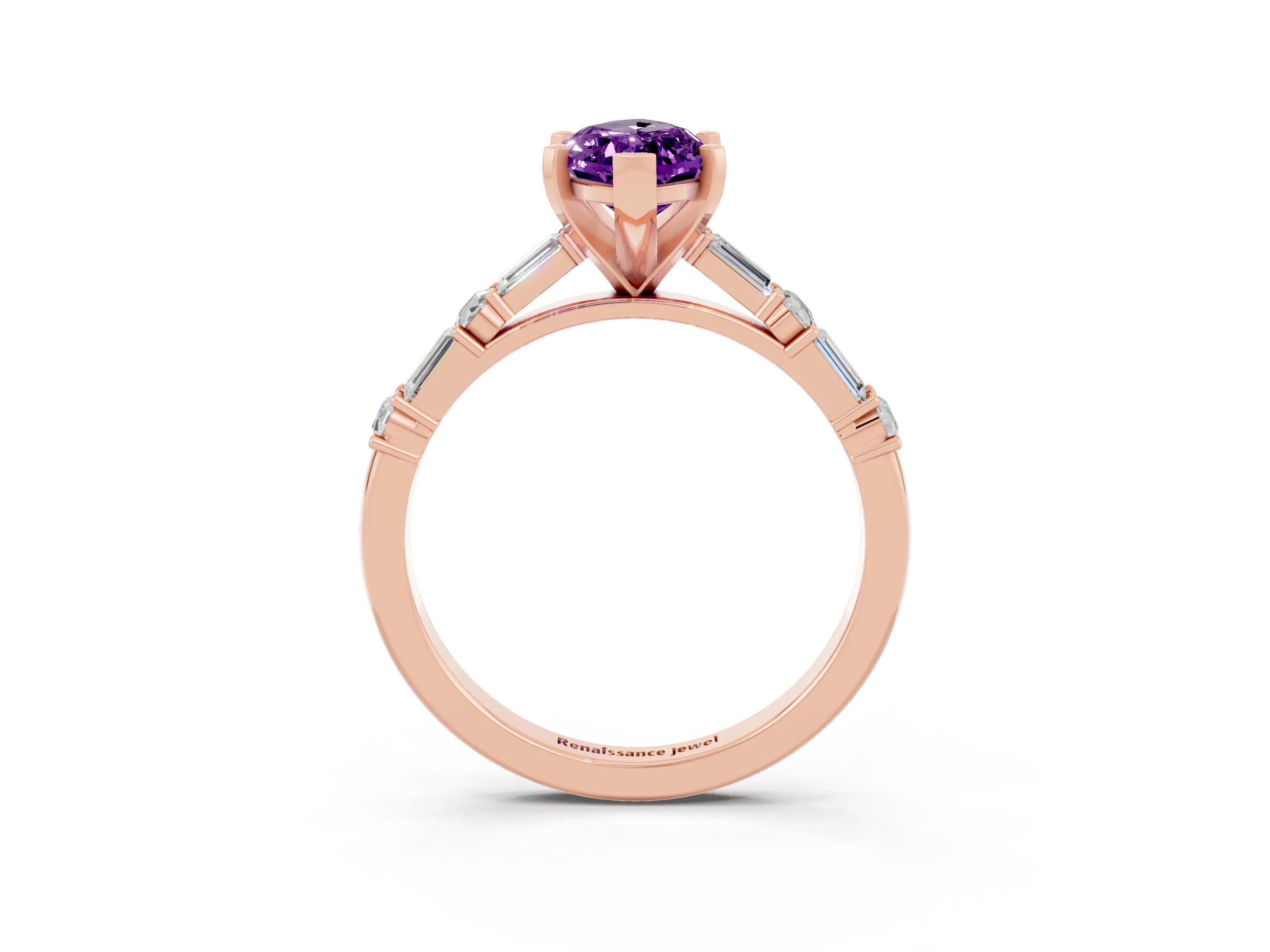Rose gold Marquise Cut Amethyst Solitaire with Side Baguettes and Channel Set Band_3