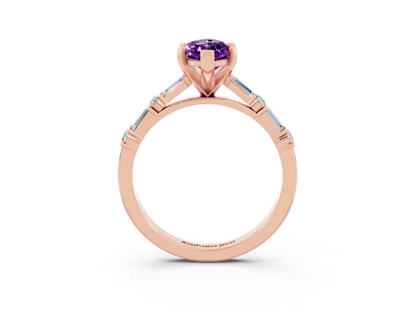 Rose gold Marquise Cut Amethyst Solitaire with Side Baguettes and Channel Set Band