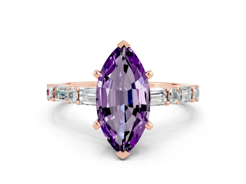 Rose gold Marquise Cut Amethyst Solitaire with Side Baguettes and Channel Set Band