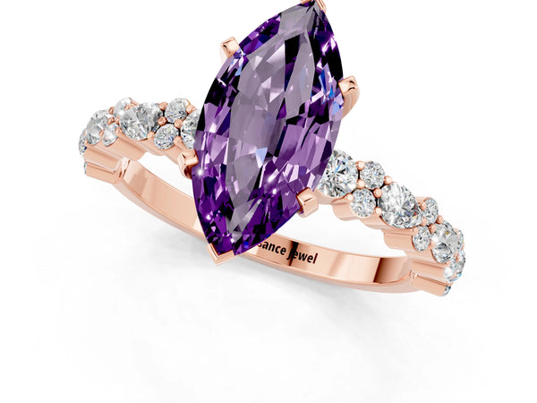 Rose gold Marquise Cut Amethyst Side Stone Solitaire Ring with Round  and Four-Prong Setting