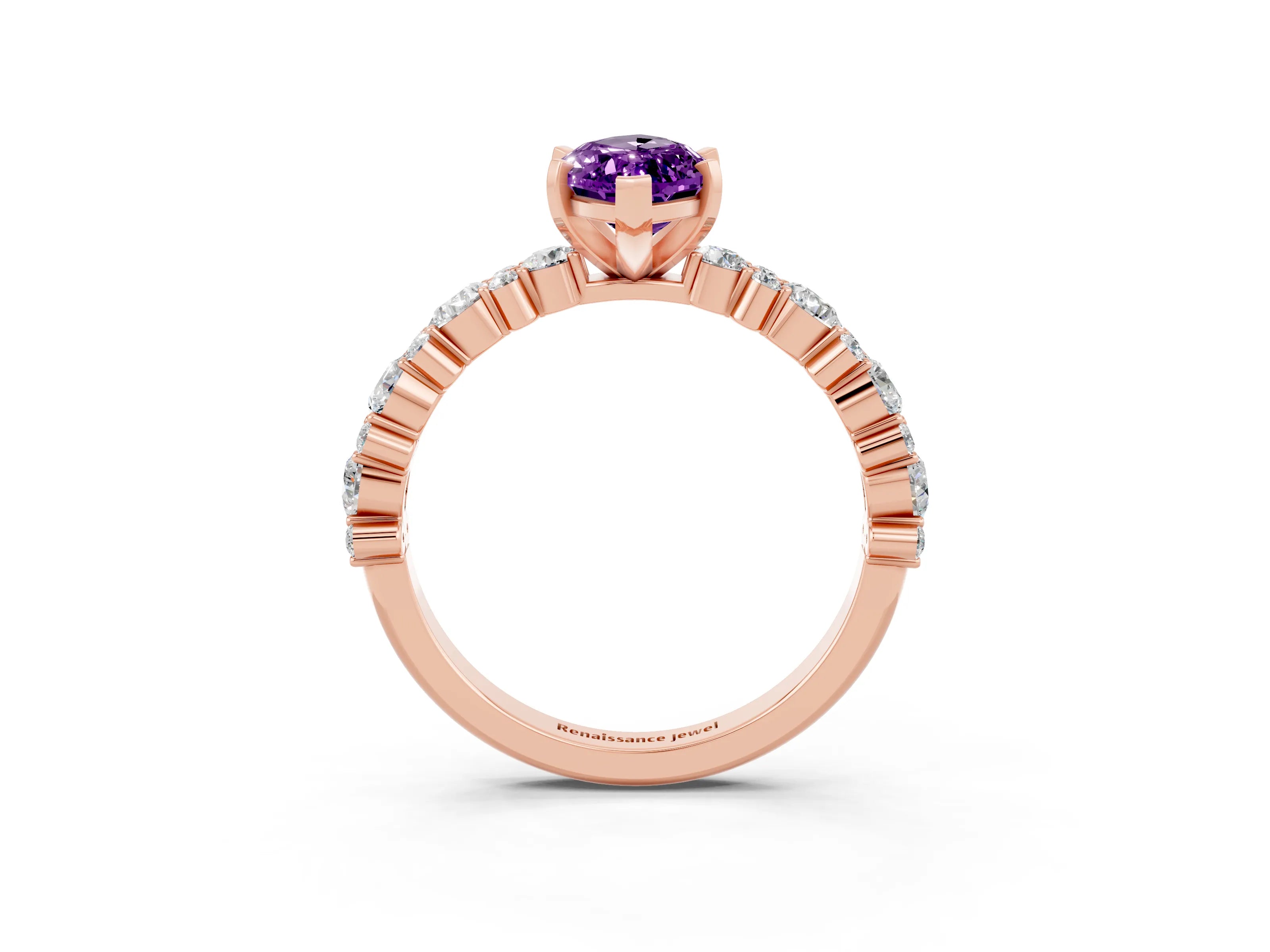 Rose gold Marquise Cut Amethyst Solitaire with Side Stones, Pave Band, Four-Prong Setting_39