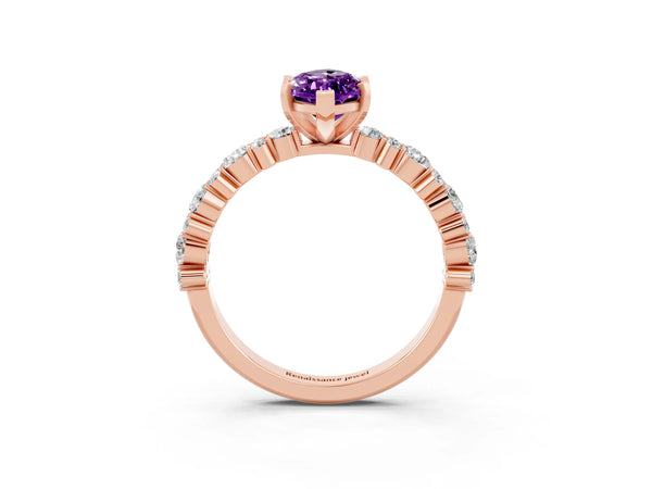 Rose gold Marquise Cut Amethyst Side Stone Solitaire Ring with Round  and Four-Prong Setting