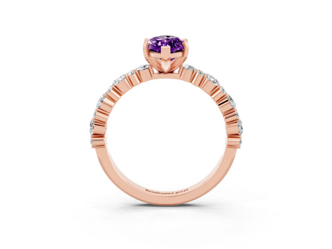 Rose gold Marquise Cut Amethyst Solitaire with Side Stones, Pave Band, Four-Prong Setting_39