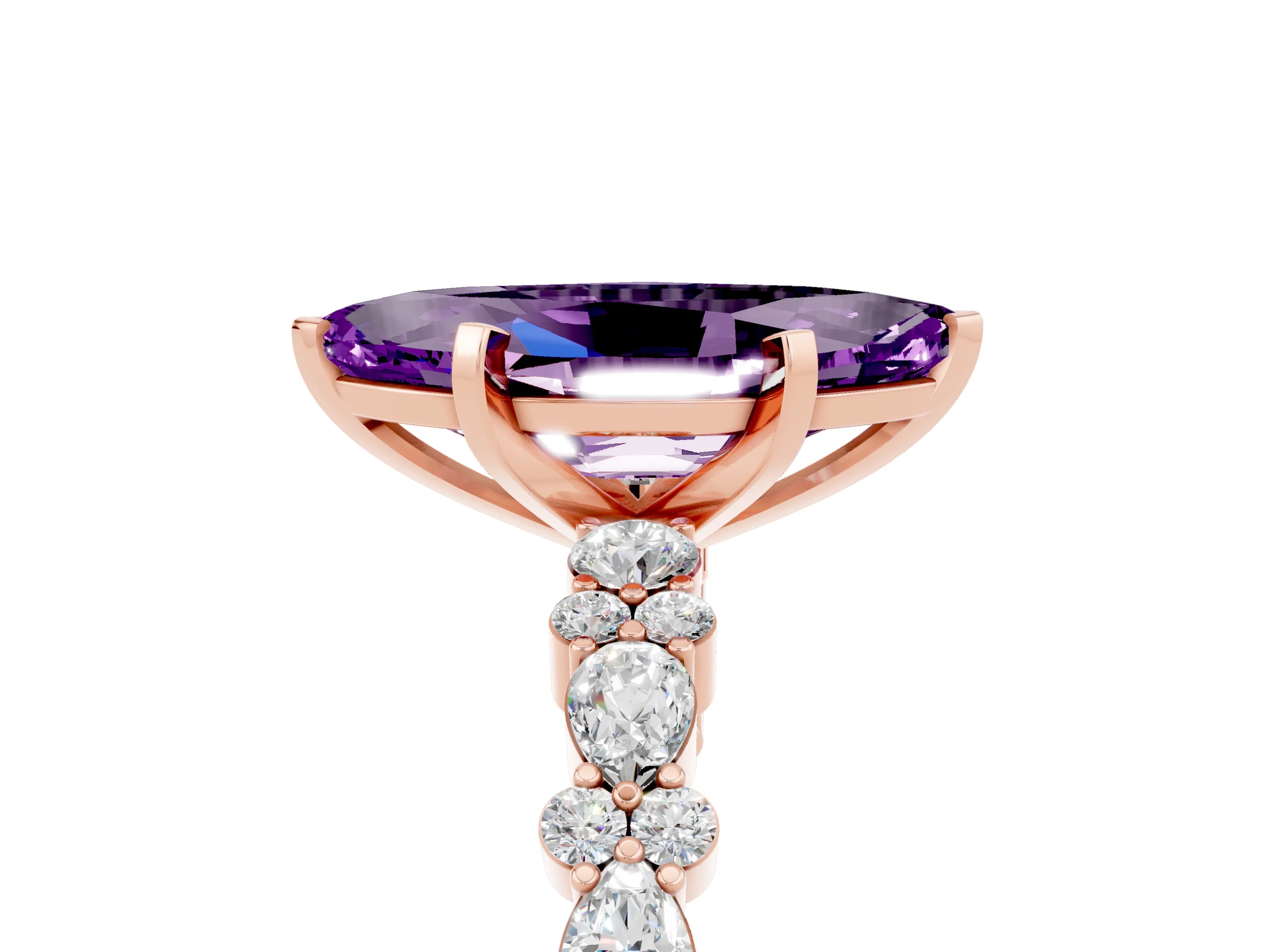 Rose gold Marquise Cut Amethyst Solitaire with Side Stones, Pave Band, Four-Prong Setting_41