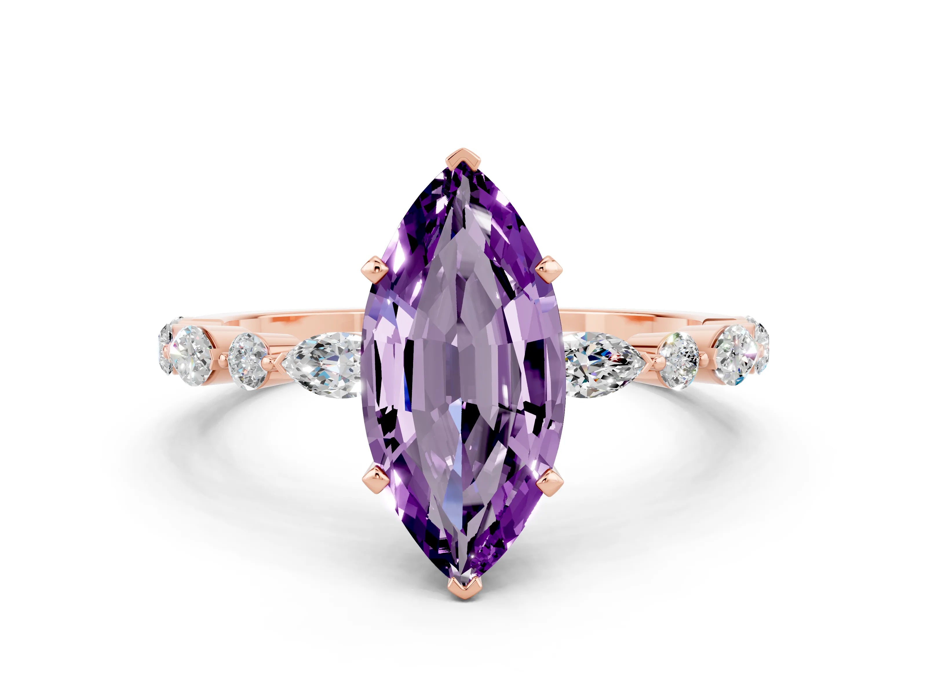 Rose gold Marquise Cut Amethyst Solitaire with Side Stones on a Pavé Band and Four-Prong Setting
