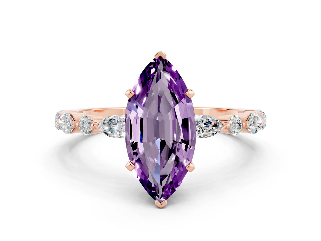 Rose gold Marquise Cut Amethyst Solitaire with Side Stones on a Pavé Band and Four-Prong Setting
