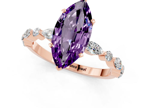 Rose gold Marquise Cut Amethyst Solitaire with Side Stones on a Pavé Band and Four-Prong Setting_1