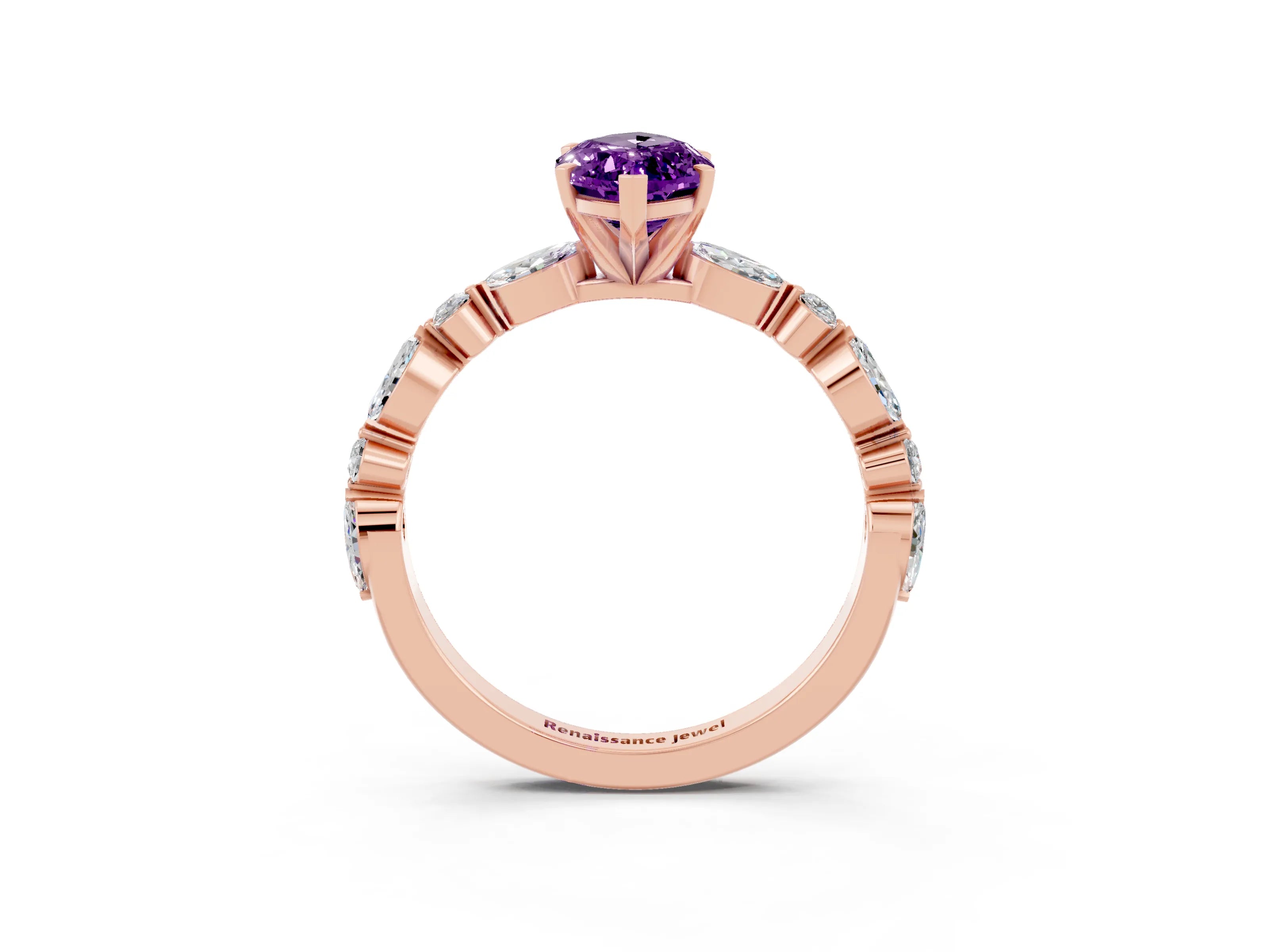 Rose gold Marquise Cut Amethyst Solitaire with Side Stones on a Pavé Band and Four-Prong Setting_3