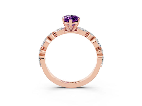 Rose gold Marquise Cut Amethyst Ring with Marquise and Round  Side Stones and Four-Prong Setting