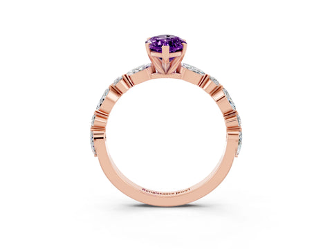 Rose gold Marquise Cut Amethyst Solitaire with Side Stones on a Pavé Band and Four-Prong Setting_3