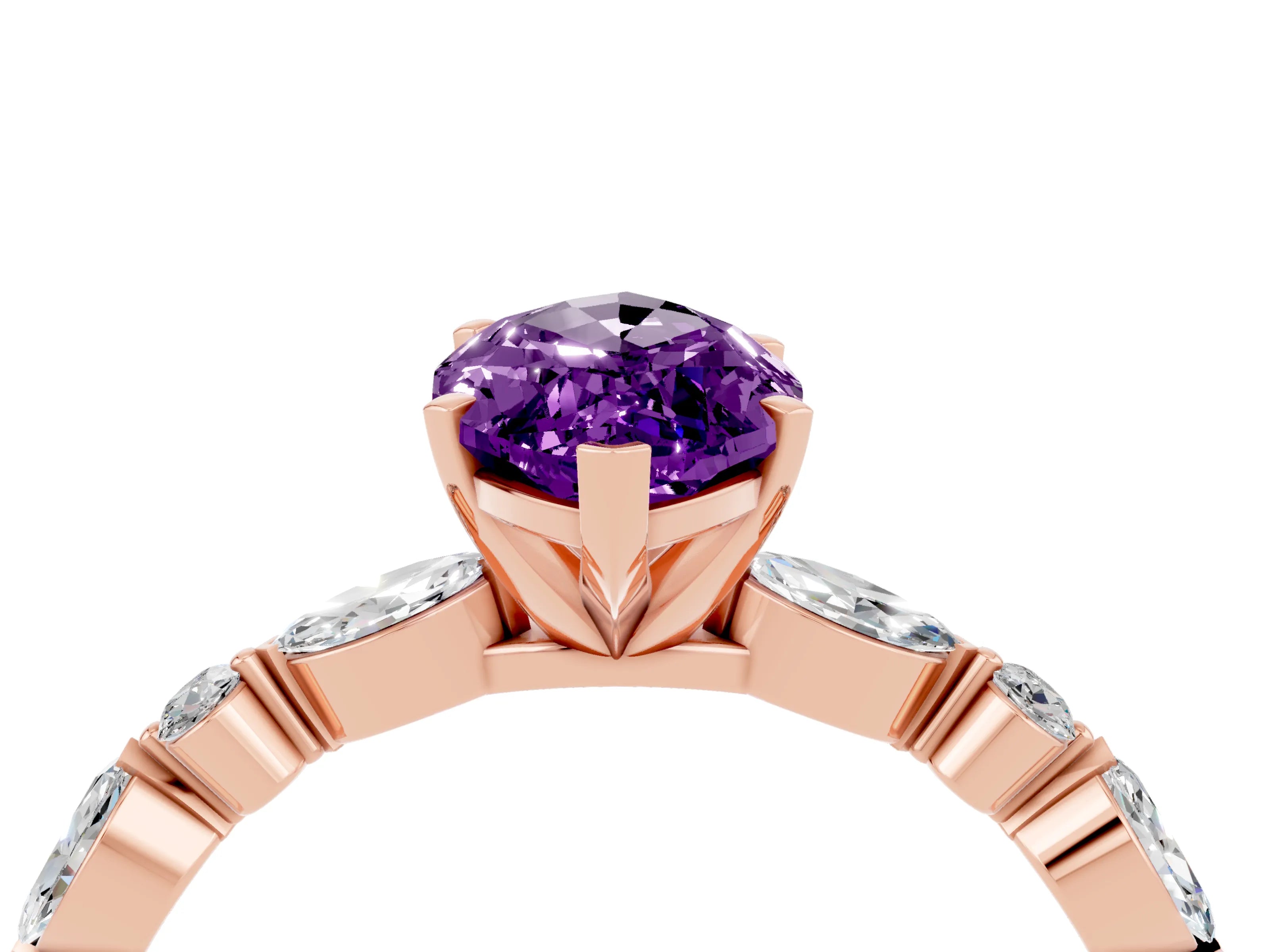 Rose gold Marquise Cut Amethyst Solitaire with Side Stones on a Pavé Band and Four-Prong Setting_4