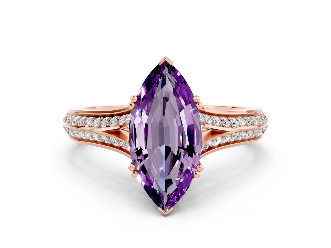 Rose gold Marquise Cut Amethyst Split Shank Engagement Ring with Pavé Band