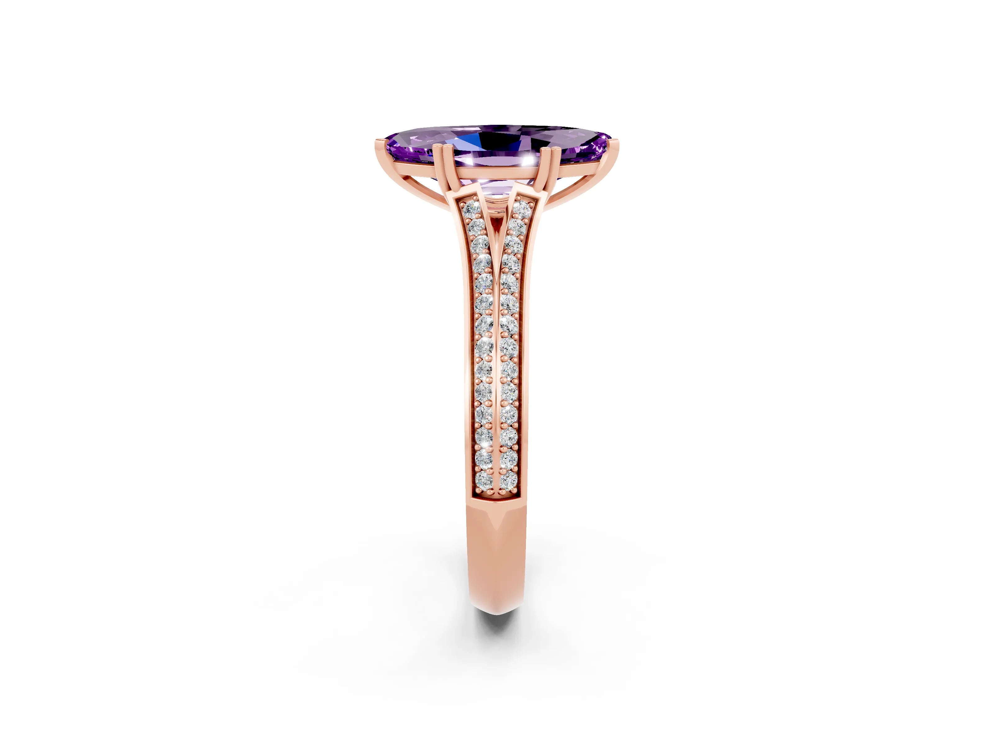 Rose gold Marquise Cut Amethyst Split Shank Engagement Ring with Pavé Band_2