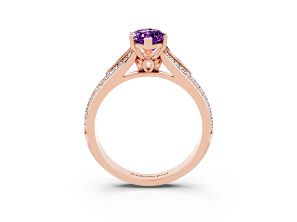 Rose gold Marquise Cut Amethyst Split Shank Engagement Ring with Pavé Band