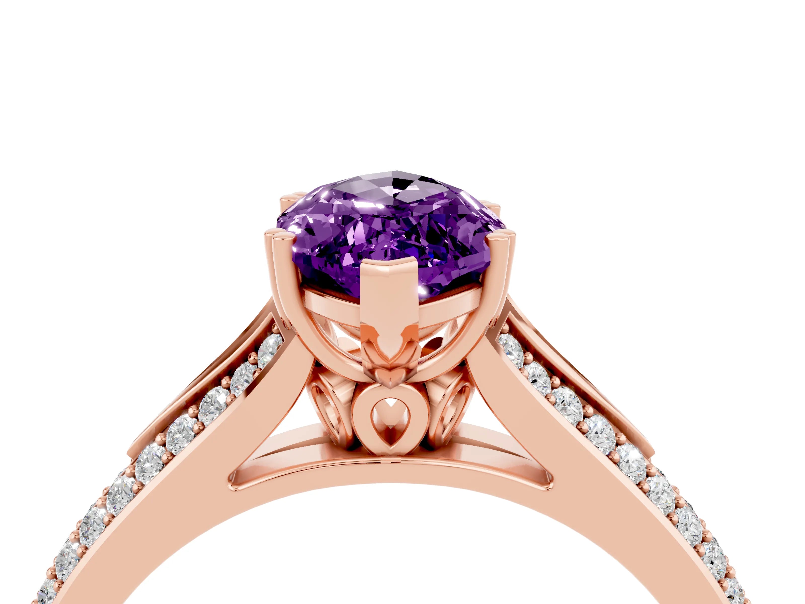 Rose gold Marquise Cut Amethyst Split Shank Engagement Ring with Pavé Band_4