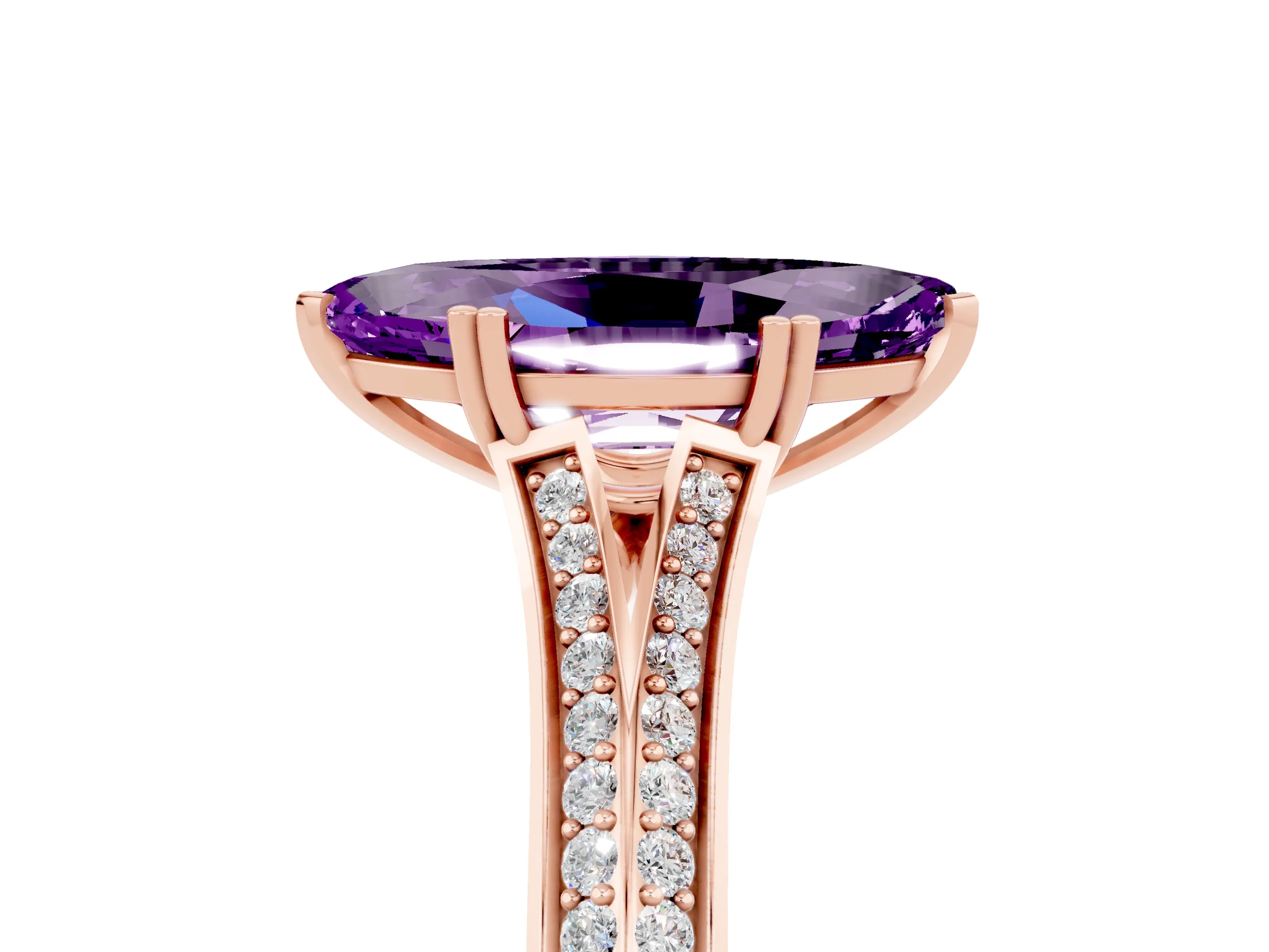 Rose gold Marquise Cut Amethyst Split Shank Engagement Ring with Pavé Band_5