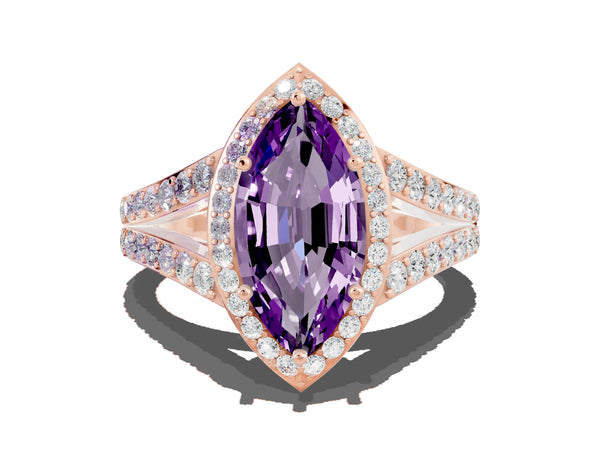 Rose gold Marquise Cut Amethyst Split Shank Halo Ring with Four-Prong Setting