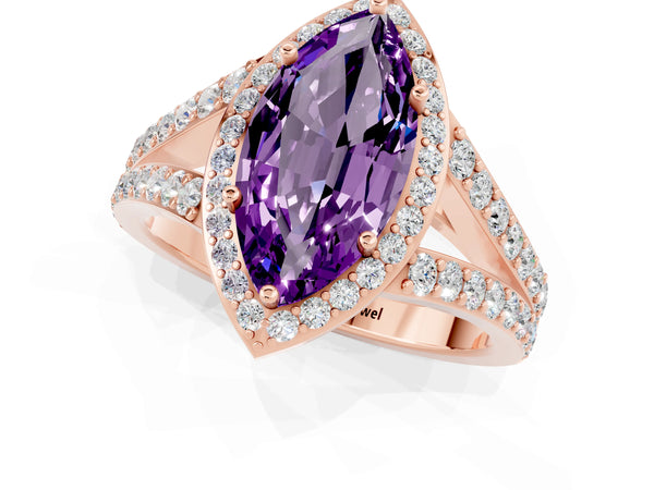 Rose gold Marquise Cut Amethyst Split Shank Halo Ring with Four-Prong Setting