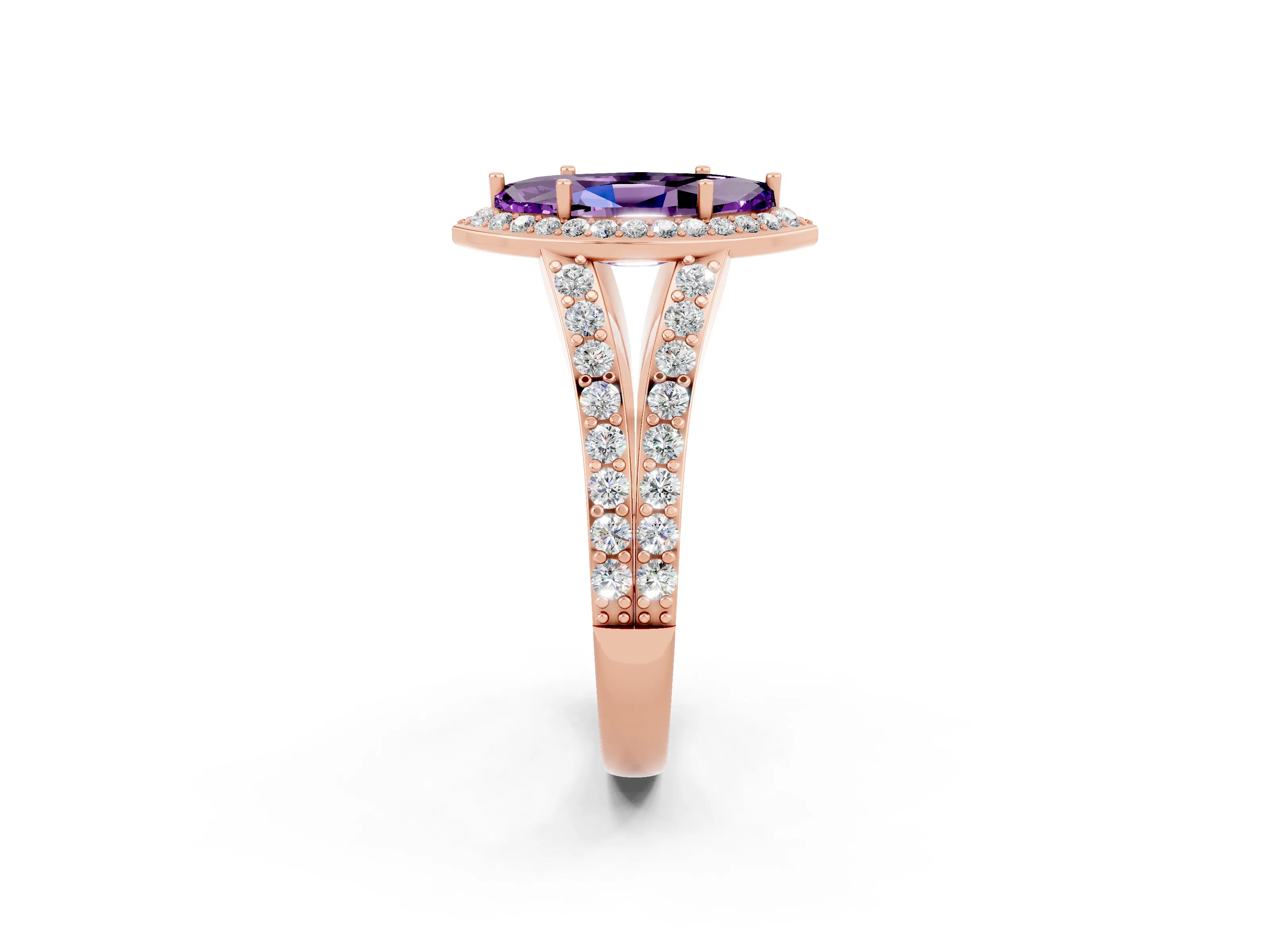 Rose gold Marquise Cut Amethyst Split Shank Halo Ring with Four-Prong Setting_14