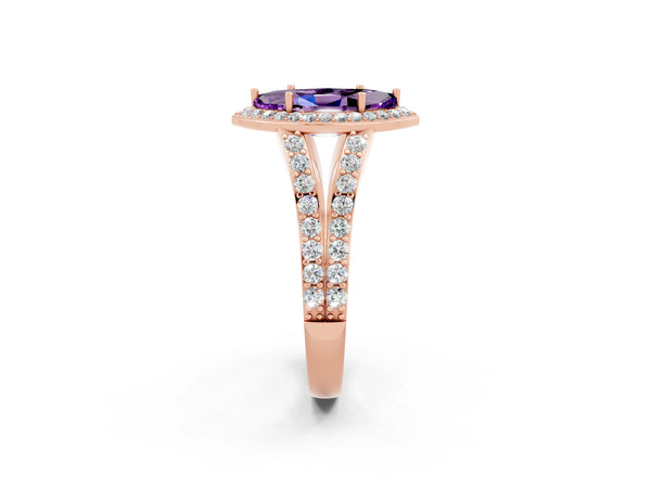 Rose gold Marquise Cut Amethyst Split Shank Halo Ring with Four-Prong Setting