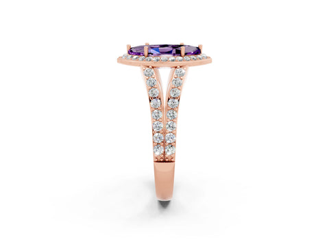 Rose gold Marquise Cut Amethyst Split Shank Halo Ring with Four-Prong Setting_14