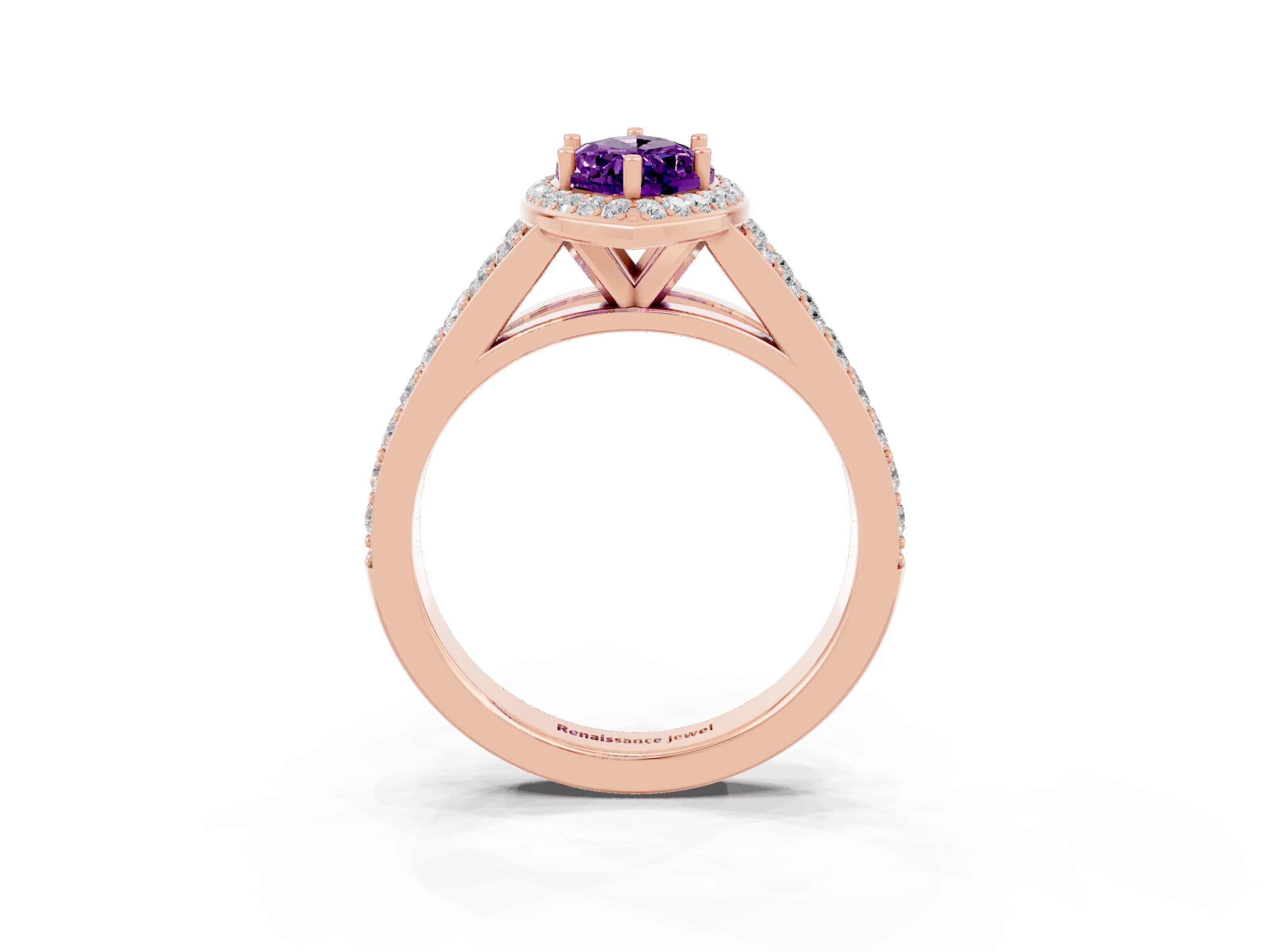 Rose gold Marquise Cut Amethyst Split Shank Halo Ring with Four-Prong Setting_15