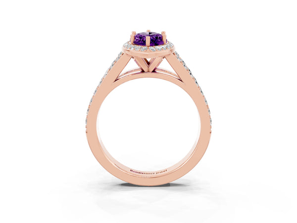 Rose gold Marquise Cut Amethyst Split Shank Halo Ring with Four-Prong Setting