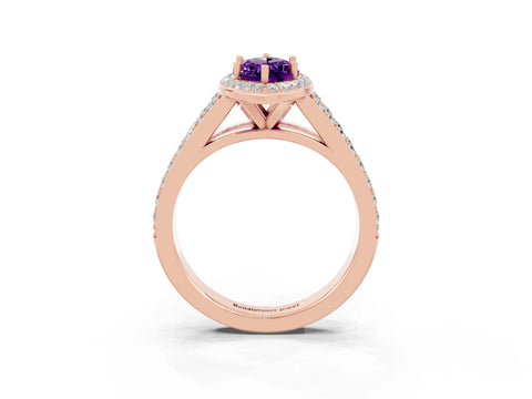 Rose gold Marquise Cut Amethyst Split Shank Halo Ring with Four-Prong Setting_15