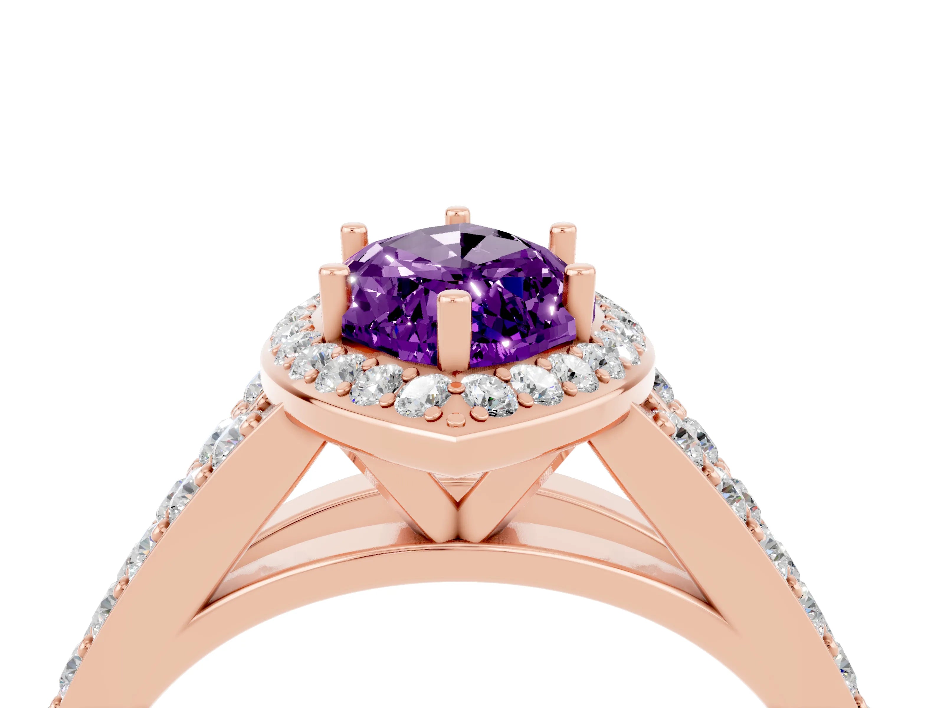 Rose gold Marquise Cut Amethyst Split Shank Halo Ring with Four-Prong Setting_16