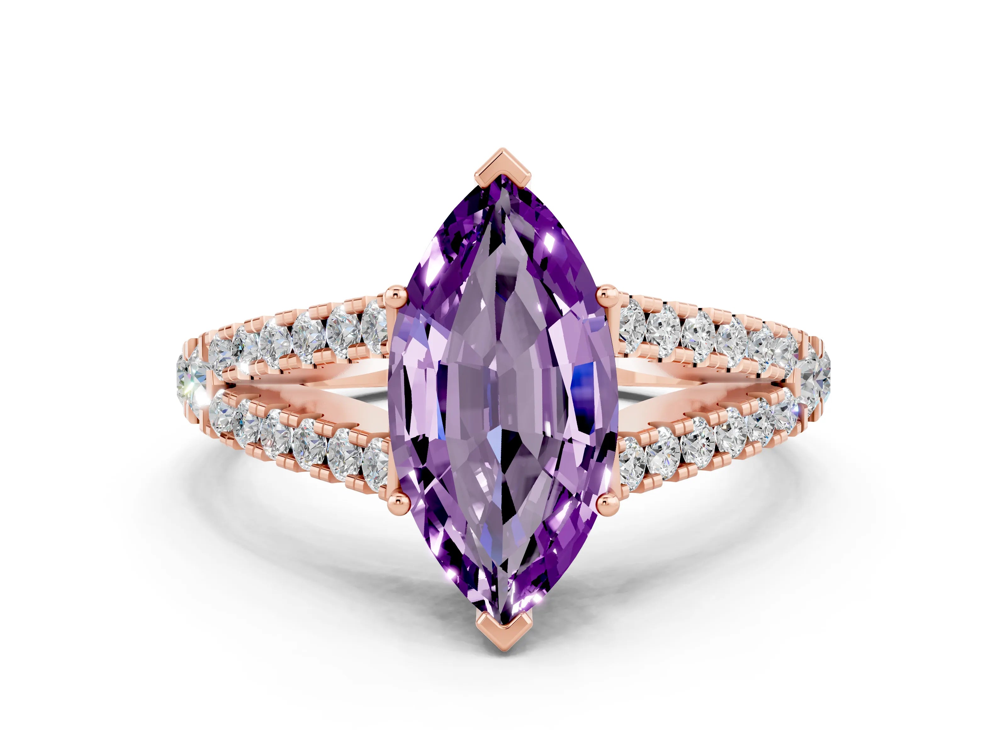 Rose gold Marquise Cut Amethyst Split Shank Pavé Engagement Ring with Four-Prong Setting_12
