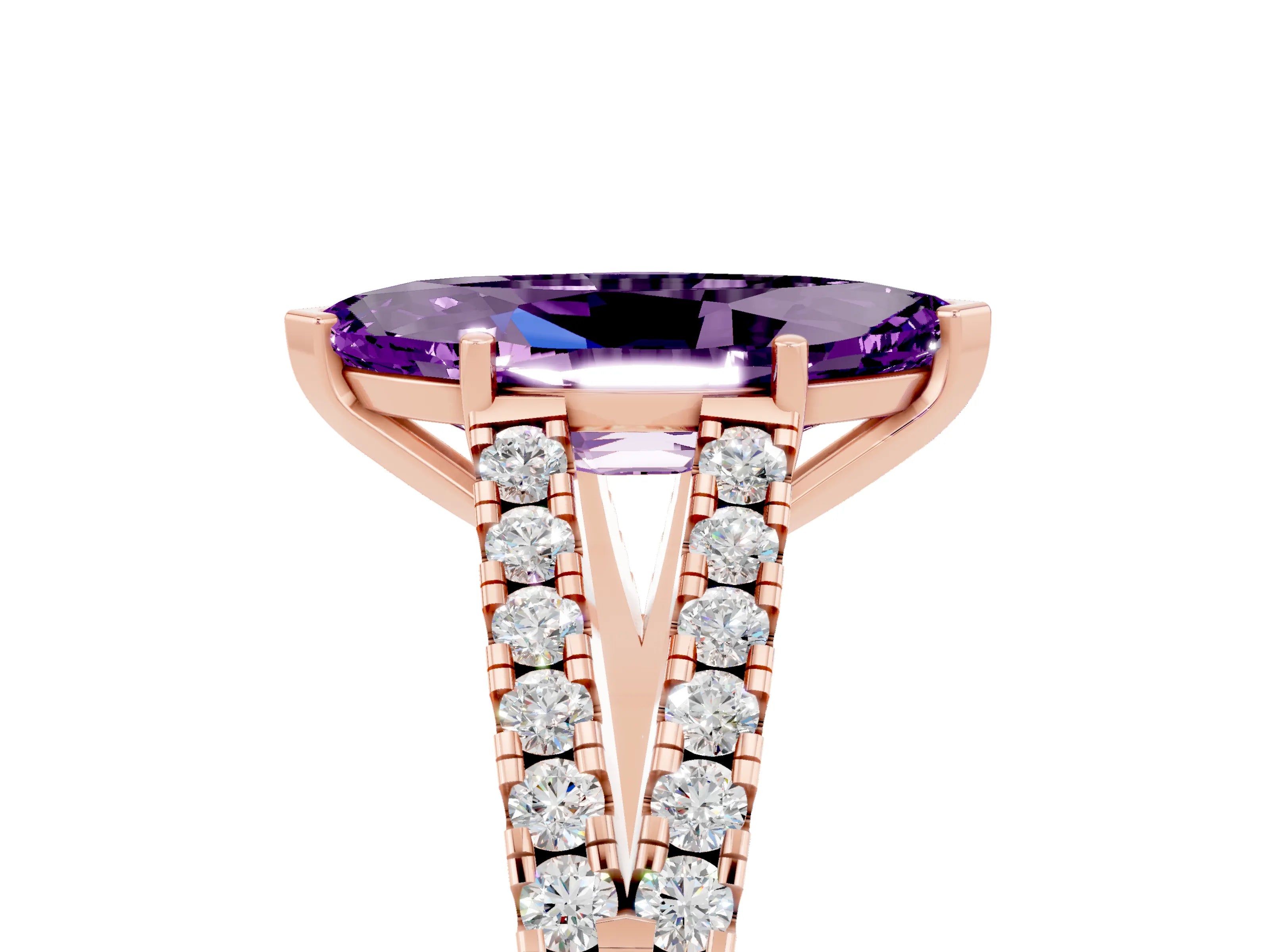 Rose gold Marquise Cut Amethyst Split Shank Pavé Engagement Ring with Four-Prong Setting_17