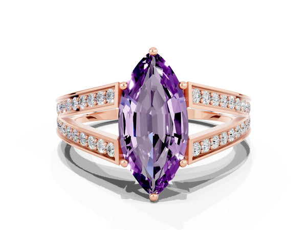 Rose gold Marquise Cut Amethyst Split Shank Ring with Pavé Band and Four-Prong Setting