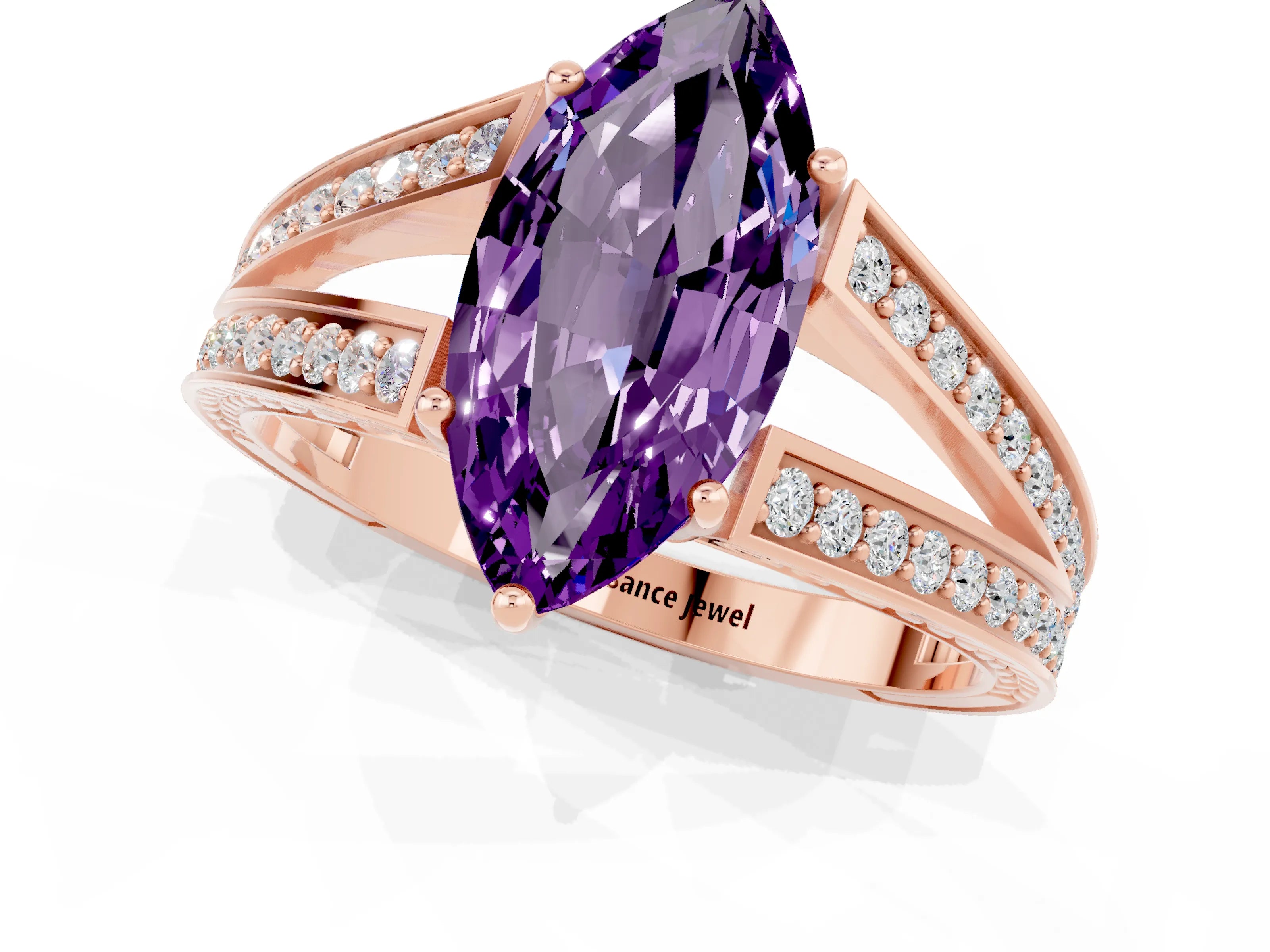 Rose gold Marquise Cut Amethyst Split Shank Ring with Pavé Band and Four-Prong Setting_1