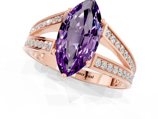 Rose gold Marquise Cut Amethyst Split Shank Ring with Pavé Band and Four-Prong Setting