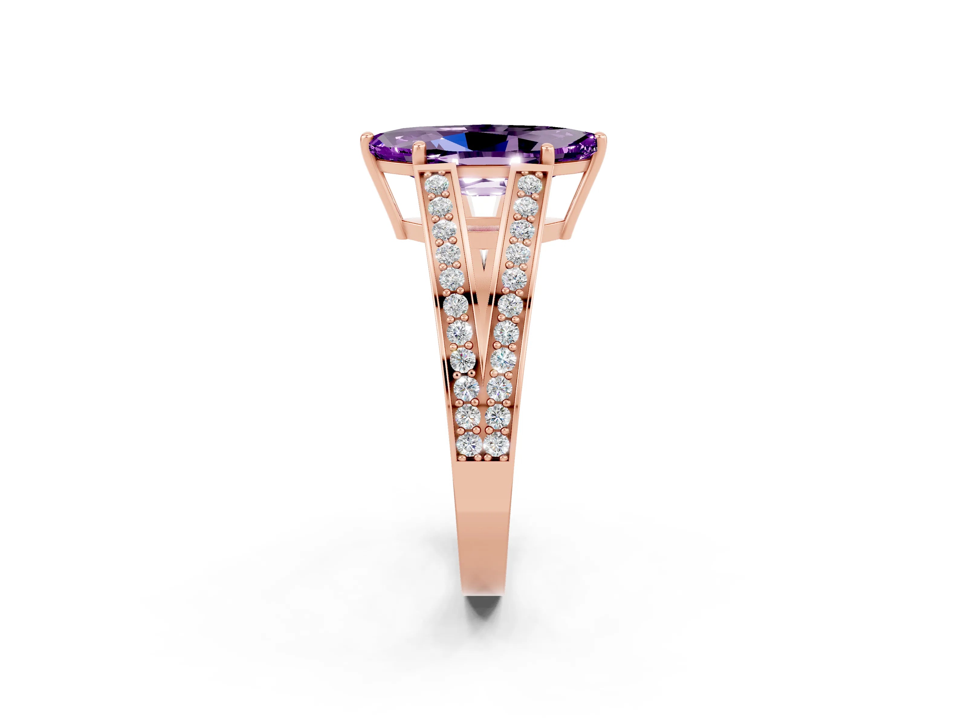 Rose gold Marquise Cut Amethyst Split Shank Ring with Pavé Band and Four-Prong Setting_2