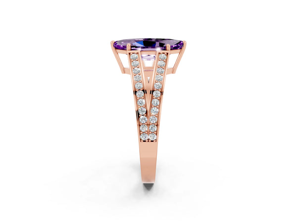 Rose gold Marquise Cut Amethyst Split Shank Ring with Pavé Band and Four-Prong Setting
