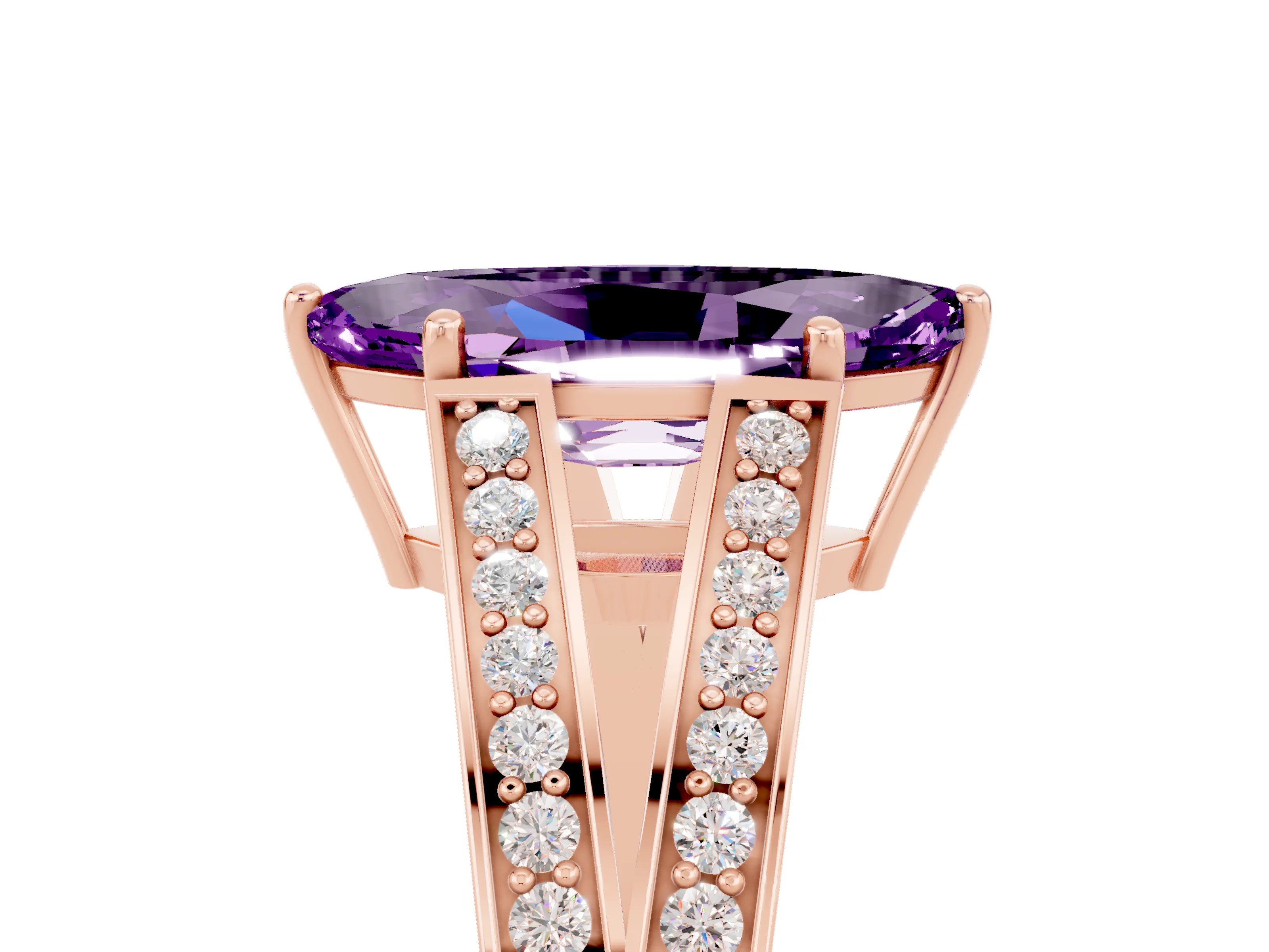 Rose gold Marquise Cut Amethyst Split Shank Ring with Pavé Band and Four-Prong Setting_5