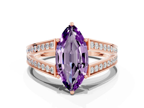 Rose gold Marquise Cut Amethyst Split Shank Ring with Pavé Band and Four-Prong Setting