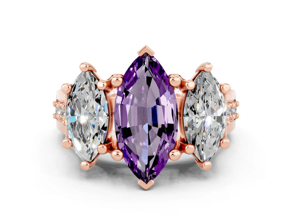 Rose gold Marquise Cut Amethyst Three-Stone Ring with Channel Set Band and Four-Prong Setting