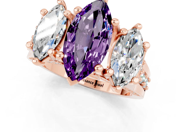 Rose gold Marquise Cut Amethyst Three-Stone Ring with Channel Set Band and Four-Prong Setting