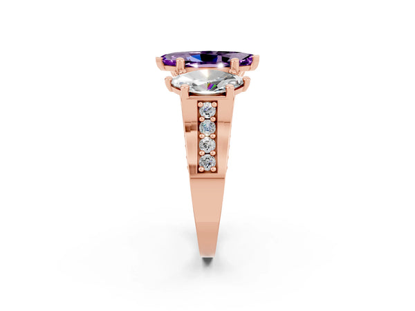 Rose gold Marquise Cut Amethyst Three-Stone Ring with Channel Set Band and Four-Prong Setting