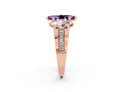 Rose gold Marquise Cut Amethyst Three-Stone Ring with Channel Set Band and Four-Prong Setting_2