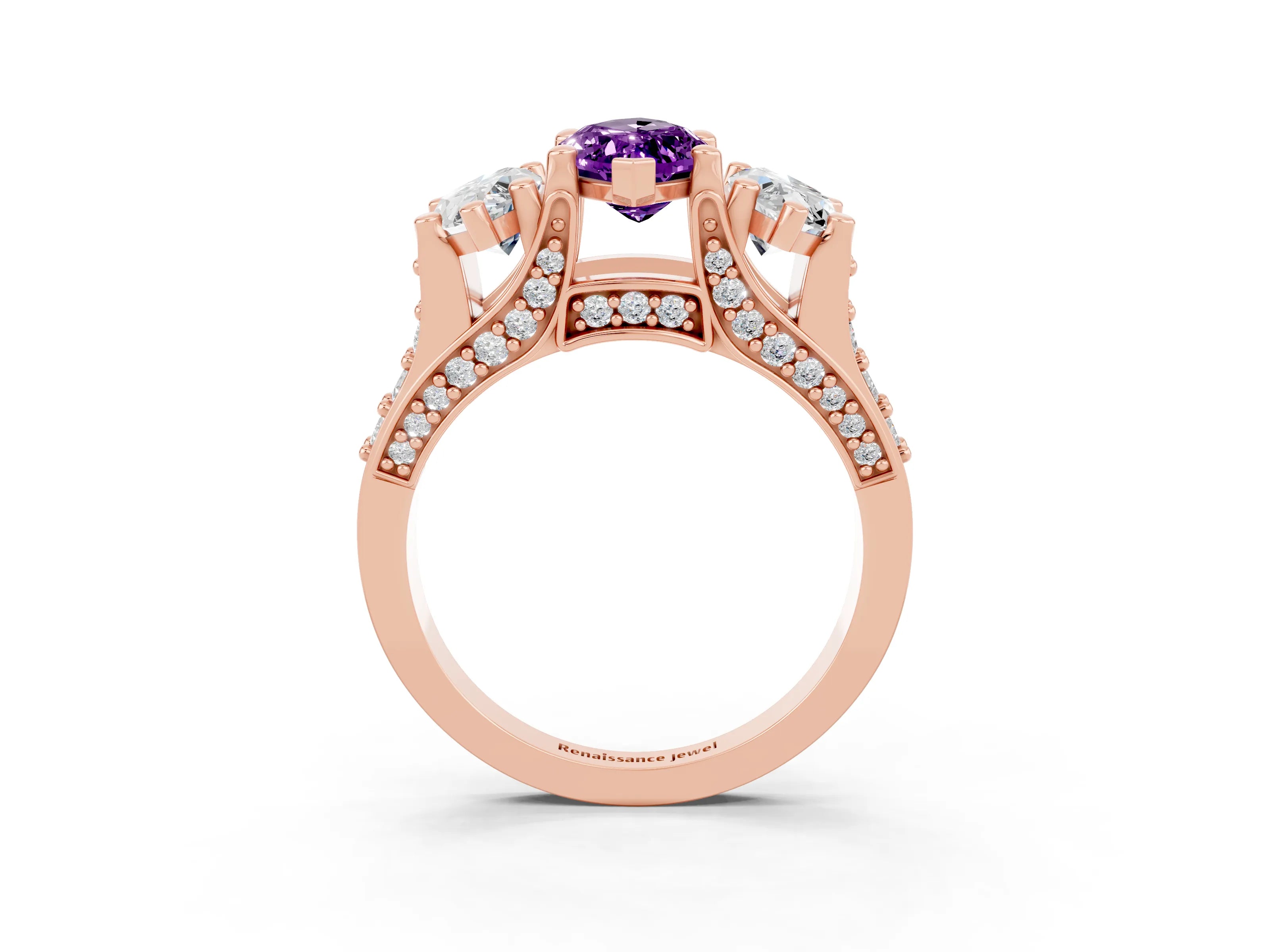 Rose gold Marquise Cut Amethyst Three-Stone Ring with Channel Set Band and Four-Prong Setting_3