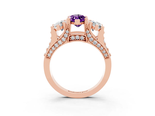 Rose gold Marquise Cut Amethyst Three-Stone Ring with Channel Set Band and Four-Prong Setting