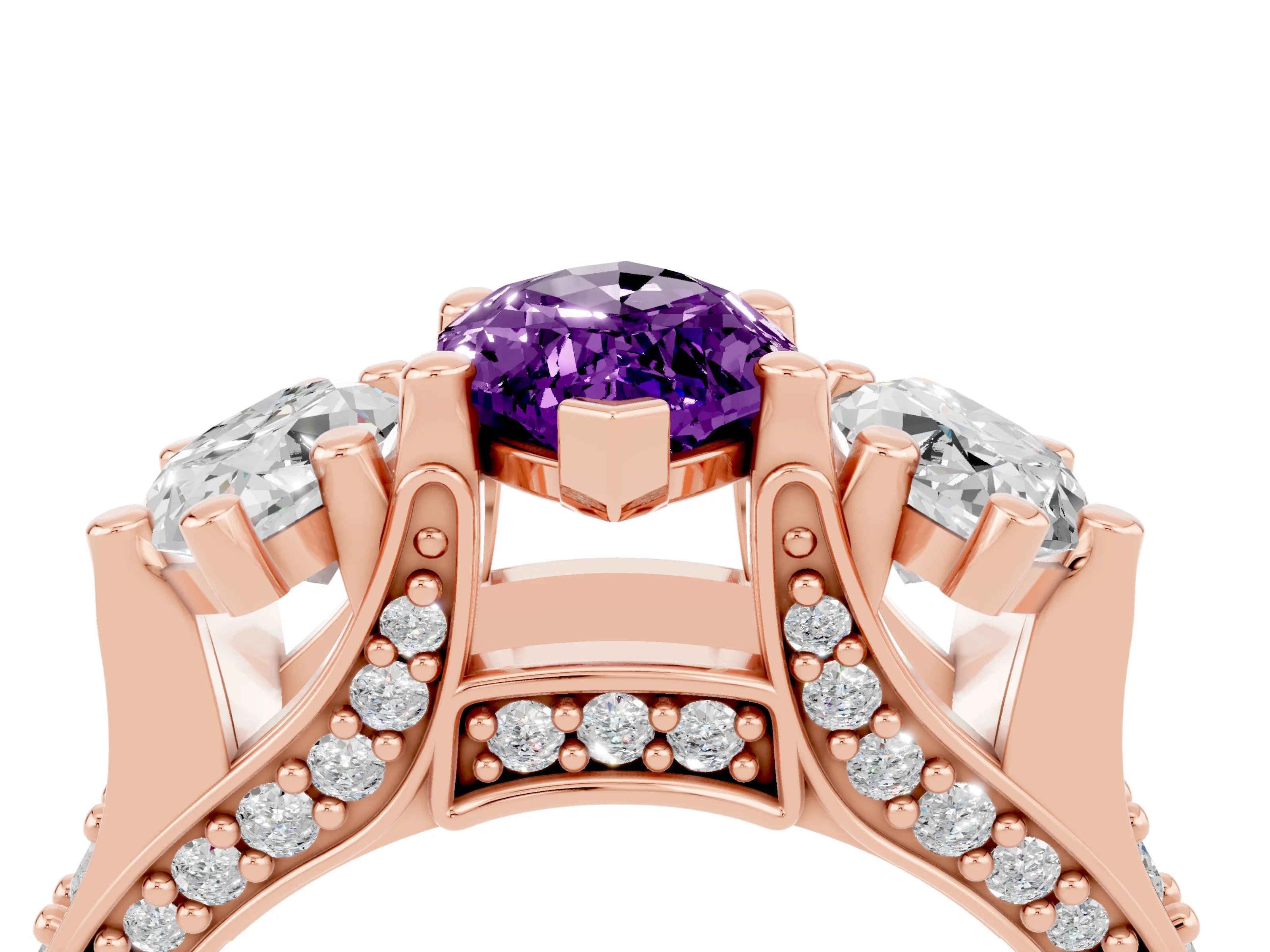 Rose gold Marquise Cut Amethyst Three-Stone Ring with Channel Set Band and Four-Prong Setting_4