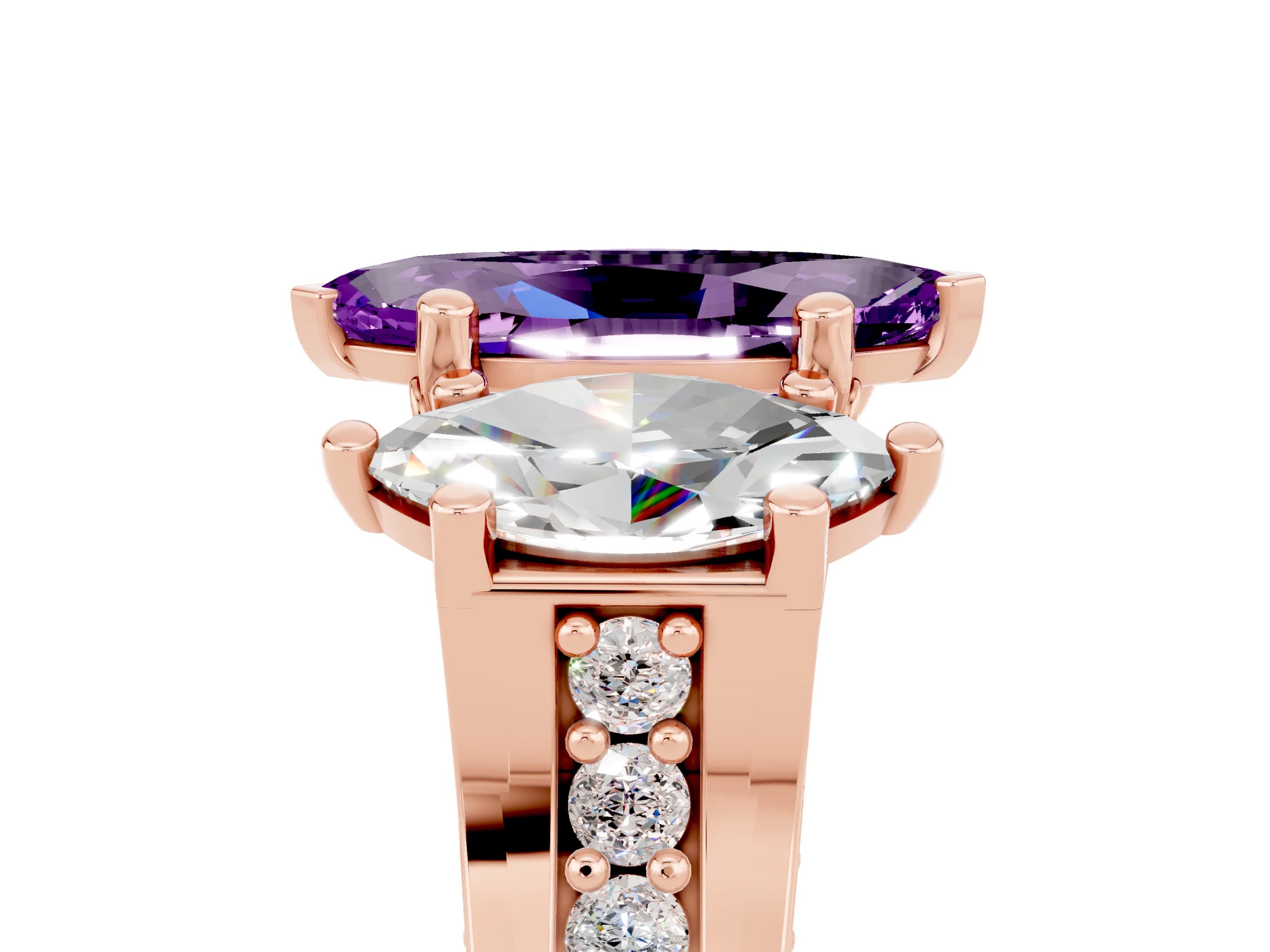 Rose gold Marquise Cut Amethyst Three-Stone Ring with Channel Set Band and Four-Prong Setting_5