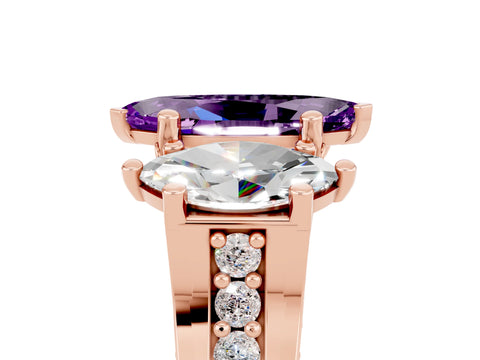 Rose gold Marquise Cut Amethyst Three-Stone Ring with Channel Set Band and Four-Prong Setting_5