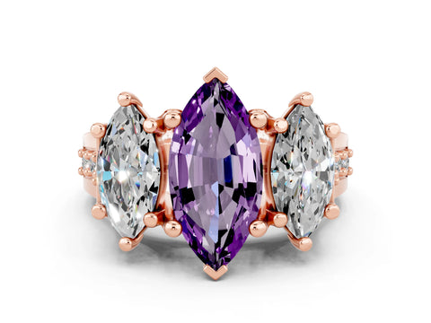 Rose gold Marquise Cut Amethyst Three-Stone Ring with Channel Set Band and Four-Prong Setting