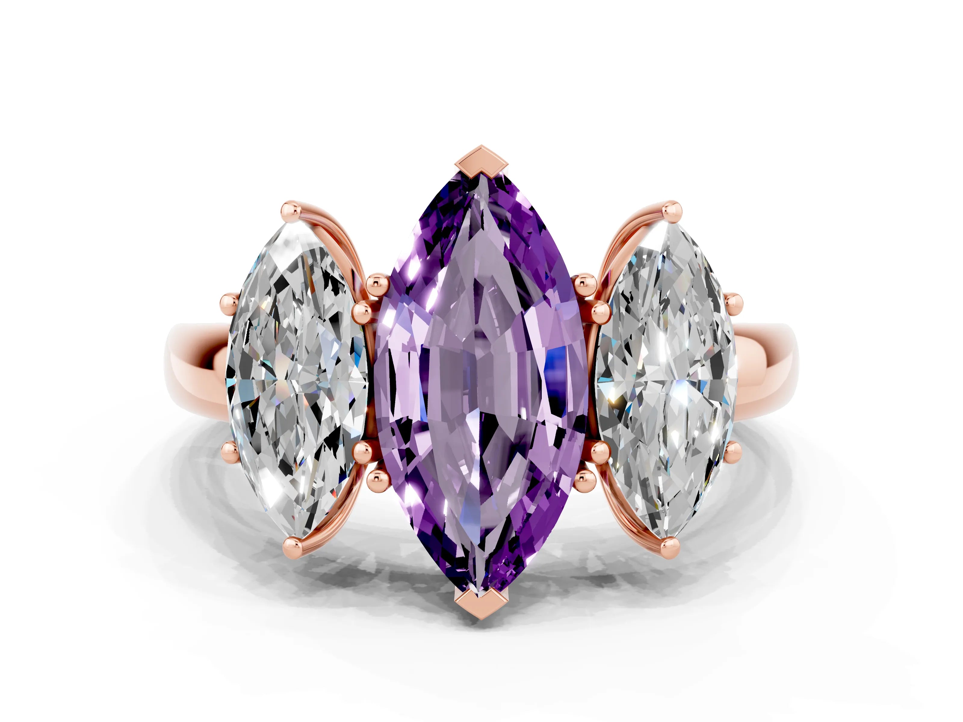 Rose gold Marquise Cut Amethyst Three-Stone Ring with Four-Prong Setting and Classic Band