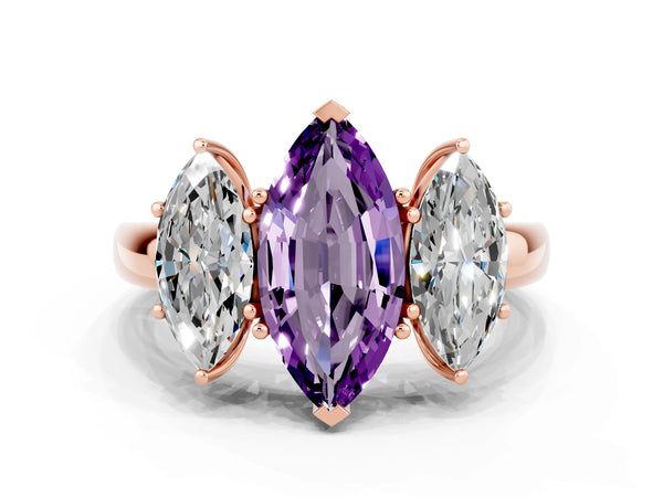 Rose gold Marquise Cut Amethyst Three-Stone Ring with Four-Prong Setting and Classic Band